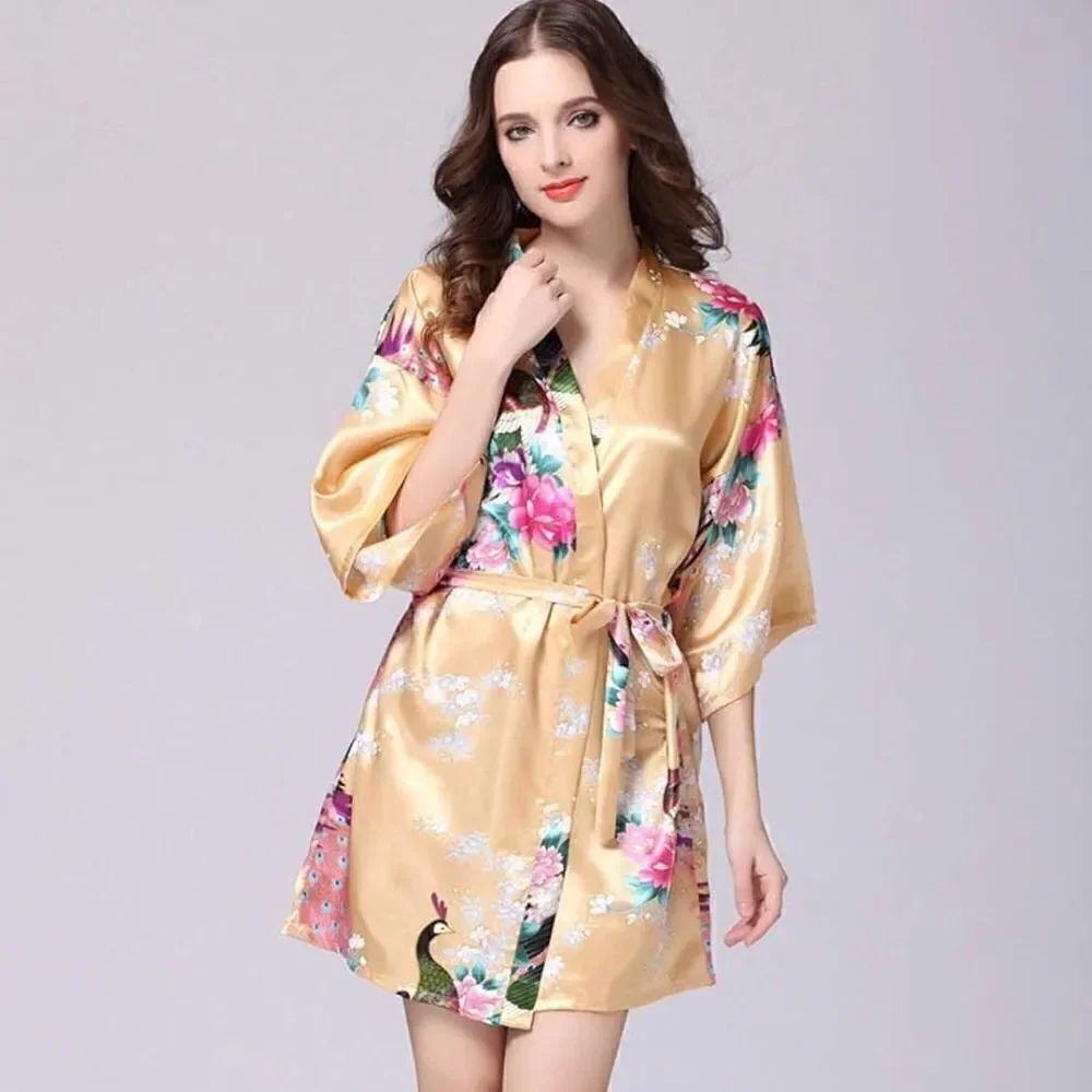 Satin gold peacock floral kimono robe sz S